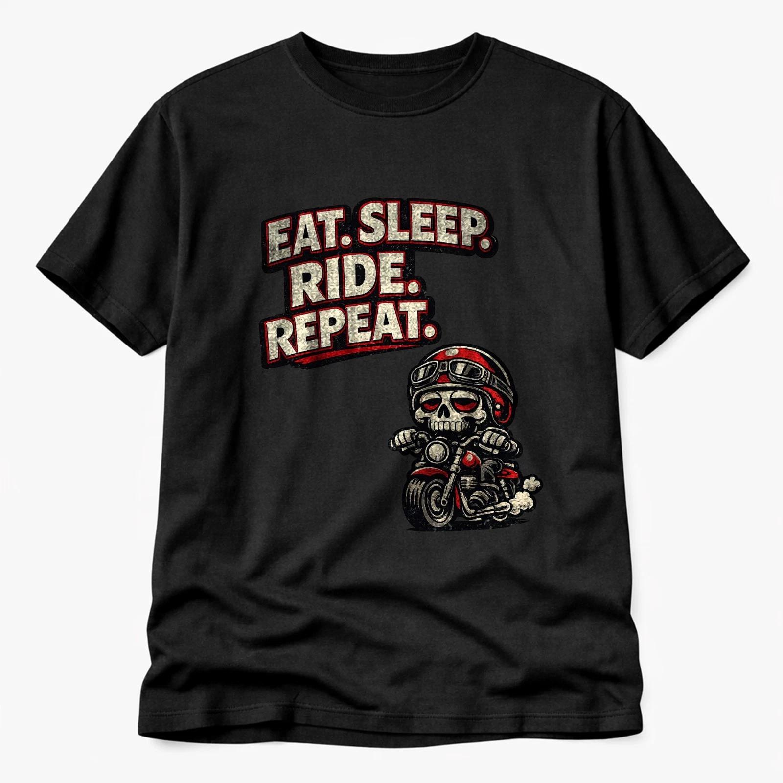 Funny Biker T-Shirt Eat Sleep Ride Repeat – Skull Motorcycle Graphic Tee L