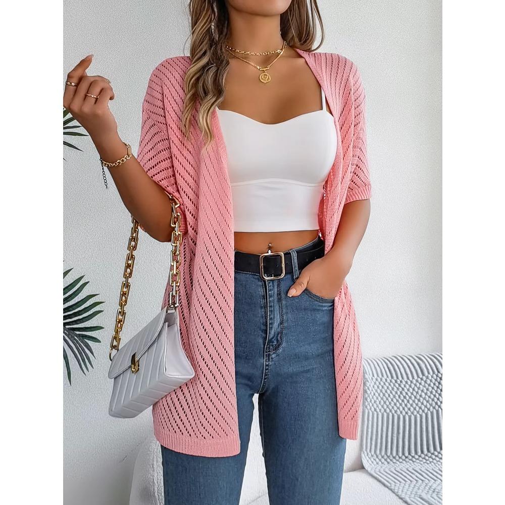 Spring Summer Knitted Cardigan 2026 Casual Solid Color Hollow Out Sun Proof Tops for Women Khaki Black Pink Valentine's Day