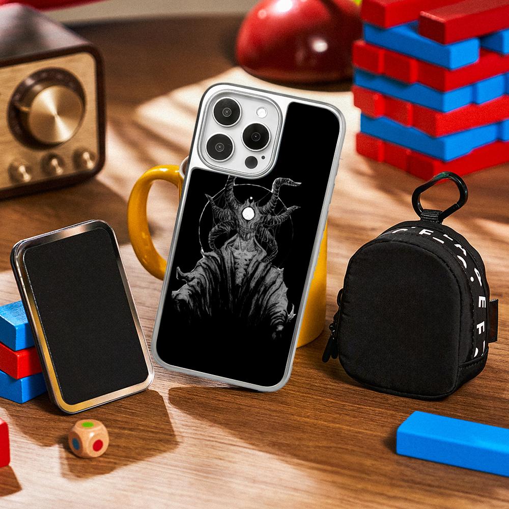 Demon Cool Hip-hop Pattern Design Phone Case for iPhone 16 15 14 13 12 11 Pro Max Sheepskin Silver-edged Protective Case
