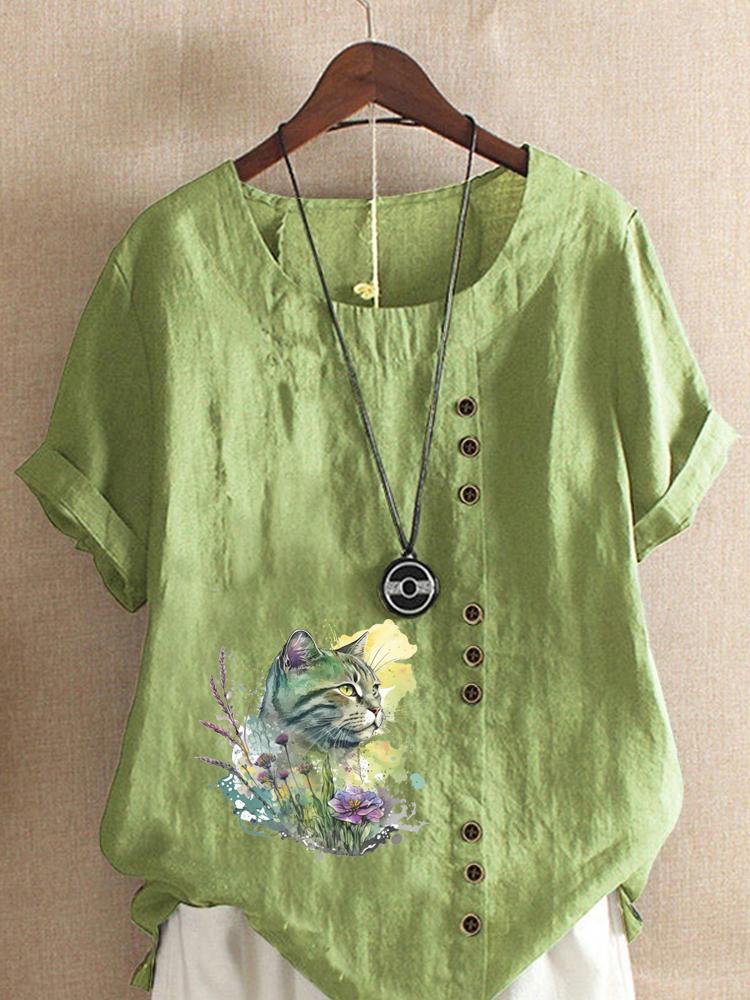 

Women s Fashion Floral Cat Print Round Neck Short Sleeve T-shirt Casual Cotton Linen Graphic Shirt Leisure Loose Summer Blouse Tops 5XL зелений