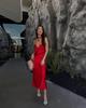 2025 Spring Women's European & American Style Silk Satin Red Heart Neckline Midi Dress