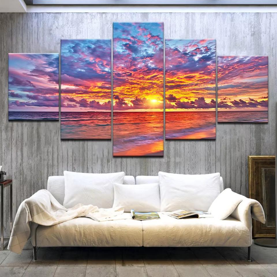 5 Stück Cleopatra Ozean Leinwandbild Wandkunst Oranger Himmel Ozeanstrand Multi Türkei Sandstrand Sonnenaufgang Wanddekoration Ohne Rahmen