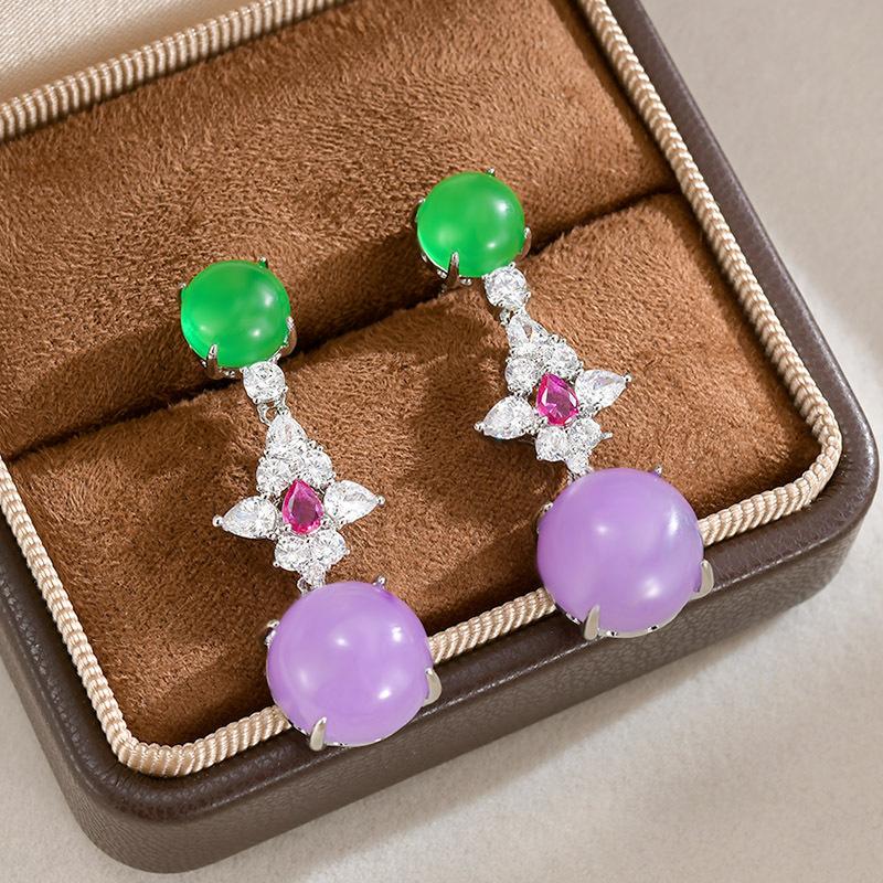 High-end Light Luxury Purple Jadeite Long Pendant Earrings Design National Style Light Luxury Elegant Earrings