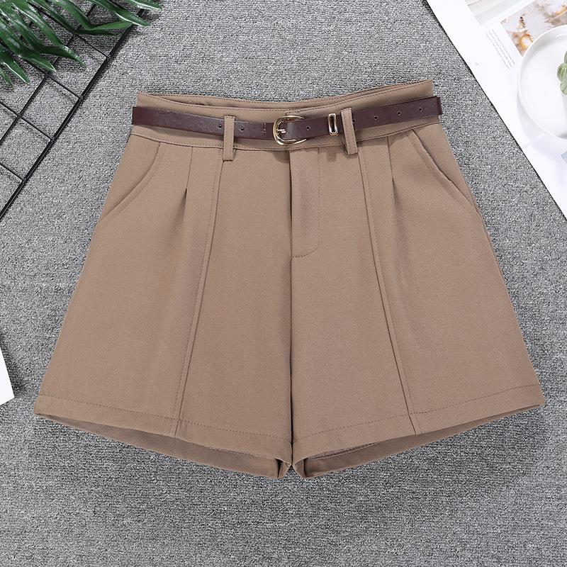 

Ретро Минималистичные Шорты с Поясом с Высокой Посадкой - Корейский и Гонконгский Стиль, Широкие Штанины, Однотонные, Повседневные Брюки, Подчеркивающие Фигуру 4XL