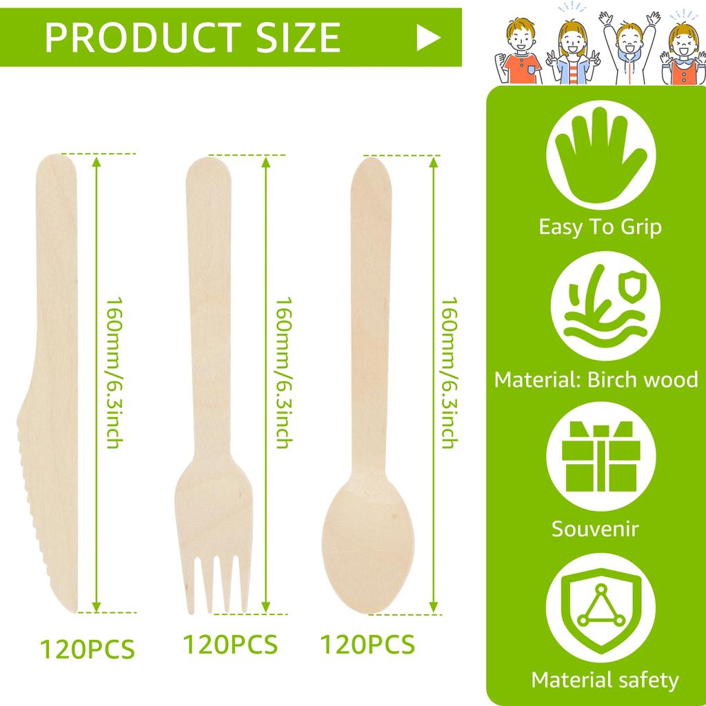 360Pcs Party Disposable Wooden Tableware Set Forks Spoons Knives Parties Wedding Cafes Environmentally Friendly Wooden Tableware