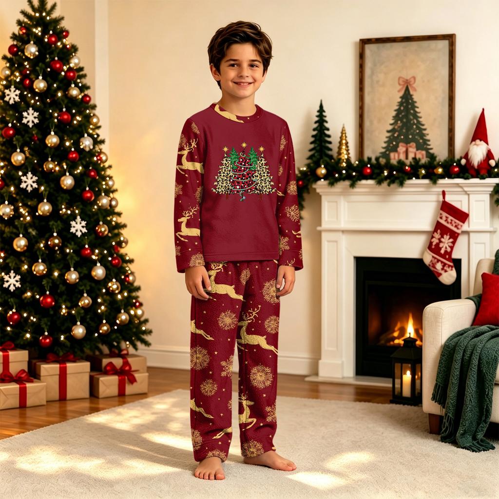 Christmas Print Long Sleeve Long Pants Family Matching Pajama Set for Holiday Loungewear