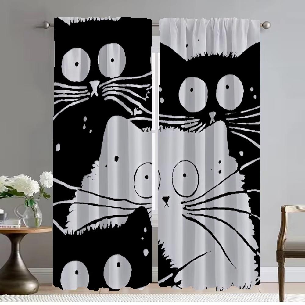 Modern Living Room Curtains for Camera Funny Lover Cat Home Interior Curtains 2 Pieces Window Curtain Halloween Decoration Child