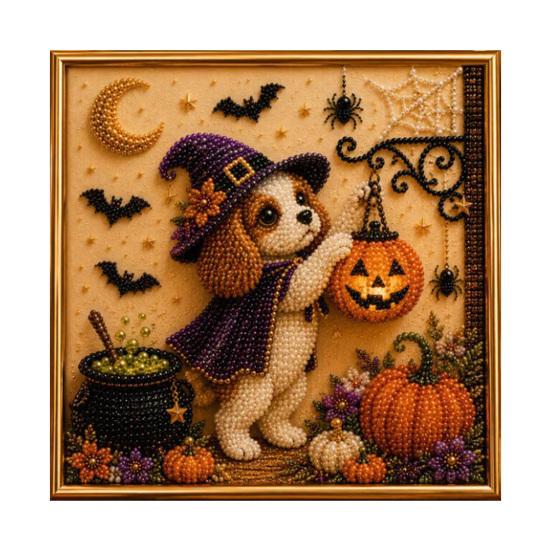 Seasonal Home Decor Projects Halloween Faux Pearl Painting Kit, Puppy Art DIY Witch Stress Relieving Hobbies Hat Bead Craft Kit for Adults And Teens,