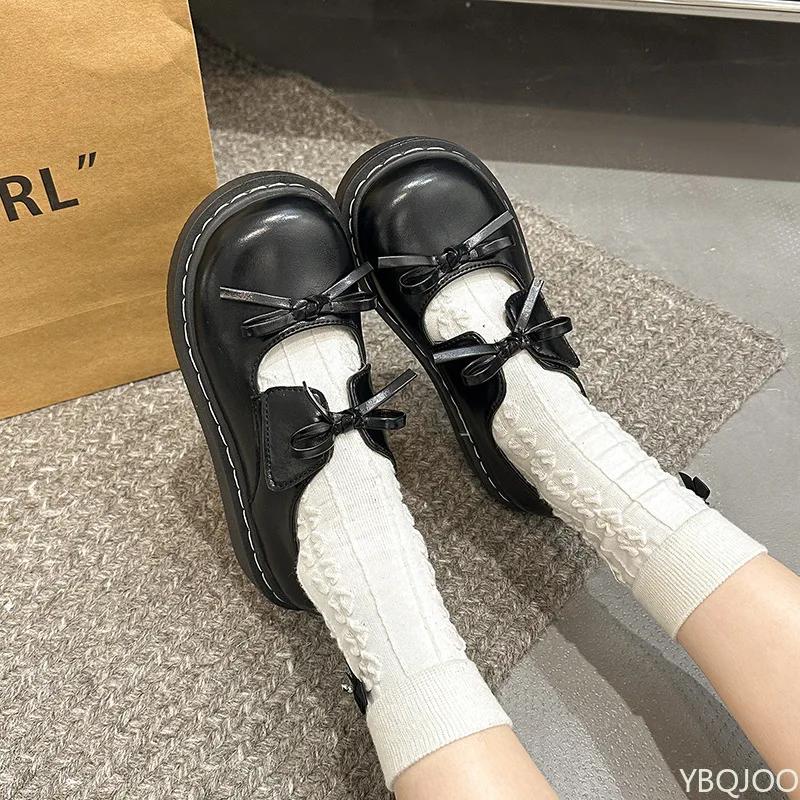 Sapatos de salto alto com laço francês Sapatos de couro de sola grossa para senhoras 2025 Sapatos Mary Jane estilo britânico Bico redondo cor sólida scarpins femininos