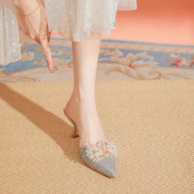 French sweet temperament bag head sandals women's 2025 spring and summer new pointed rhinestone bow comfortable high heels women's shoes