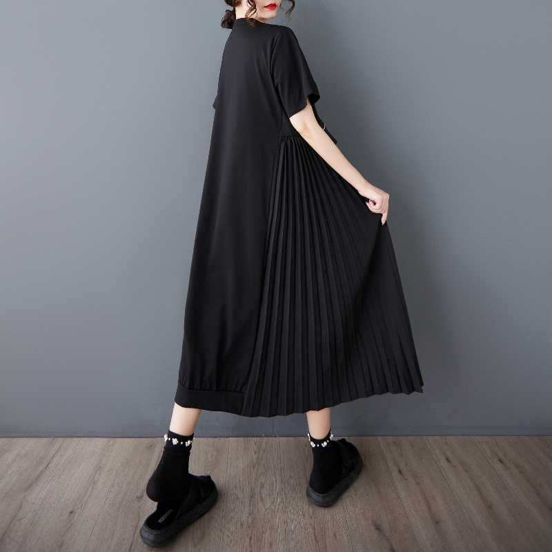 Women's Round Neck Short Sleeve Loose Fit Pleated Midi Dress High Waist Casual Midi Dress