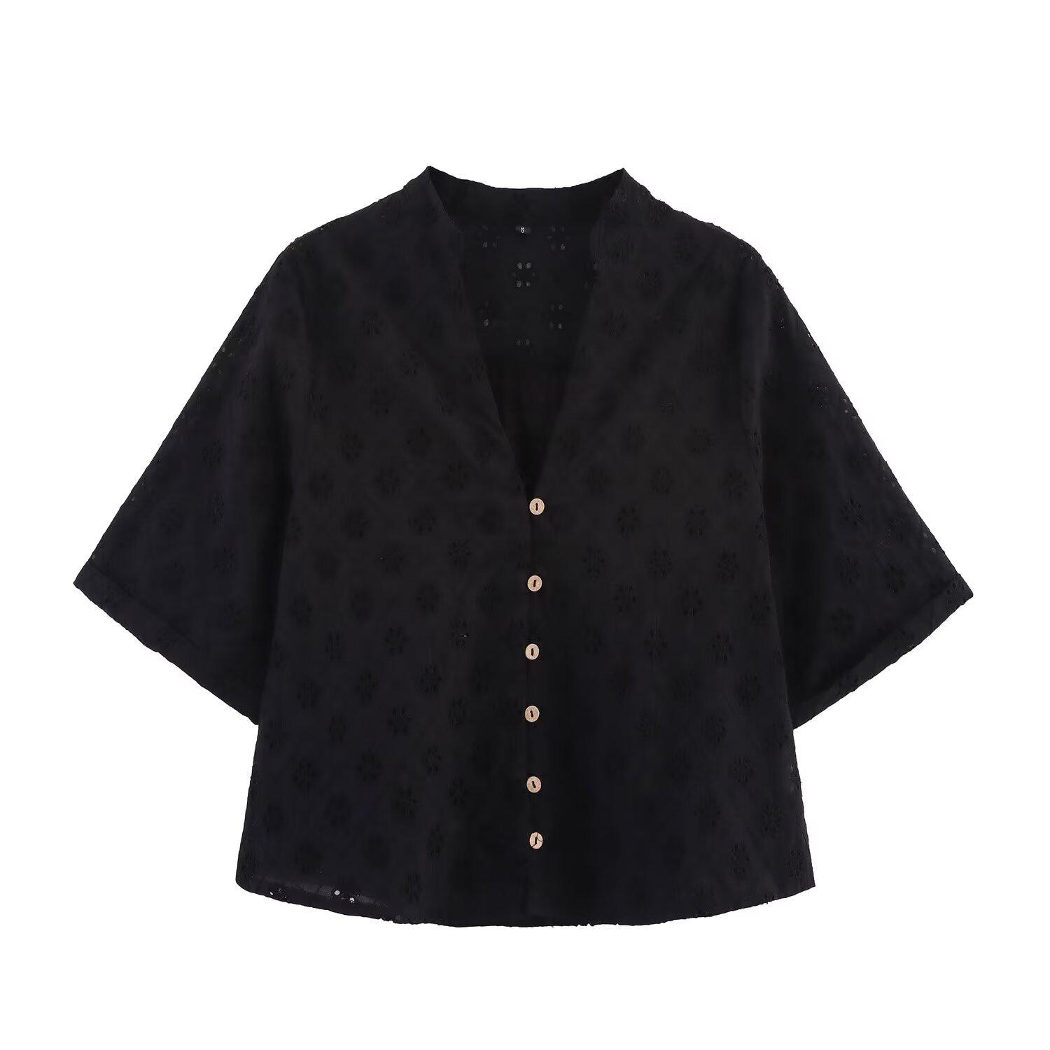 European and American style, new women s clothing, foreign style hollow embroidered shirt hollow embroidered wide-leg pants XS