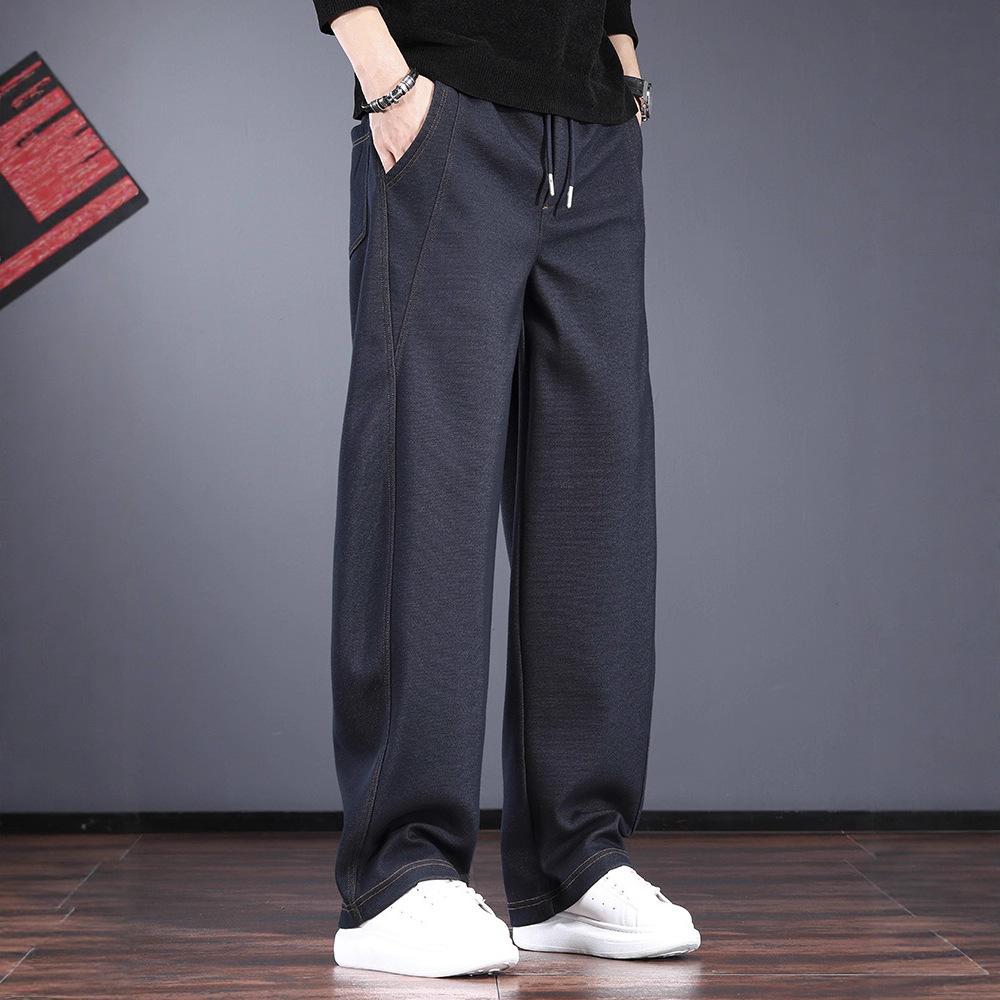 High-end knitted casual jeans men's autumn and winter loose straight wide-leg pants trendy brand loose scimitar pants