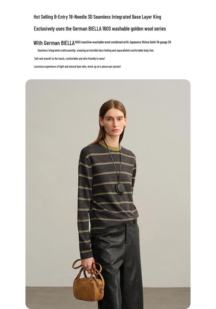 Women's 100% Pure Wool Retro Stripe Long Sleeve Sweater