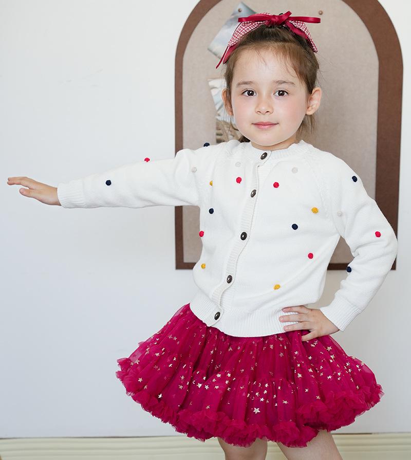 Hand-Crocheted Spring & Autumn Colorful Pom-Pom Girl's Cotton Cardigan