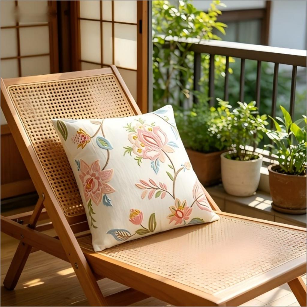 Boho Floral Print Throw Pillow Cover, Pastel Pink Green Botanical Faux Embroidery Style Decorative Cushion For Living Room Sofa