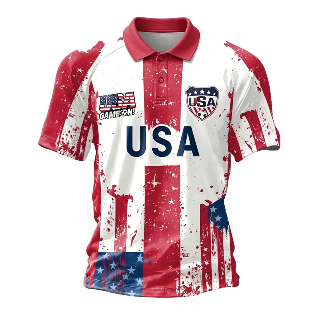 USA Printed Short Sleeve Button Shirt - Patriotic Soccer for Casual Wear