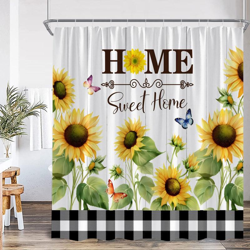 Tende da Doccia Girasole Rustico Giallo Floreale Pianta Arte Vintage Moderno Tessuto in Poliestere Decorazione Tenda Bagno Casa Con Ganci