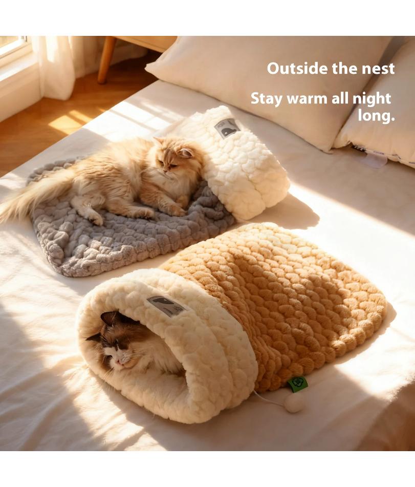 Enclosed Cat Bed with Tunnel Entrance - Self Warming Plush Rabbit Fur Sleeping Bag for Winter, Secure Hideout for Pets