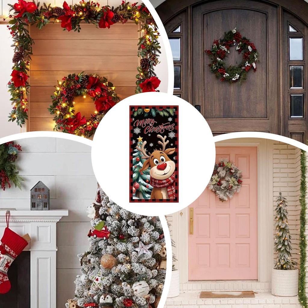 Door Cover For Christmas 71x35inch Large Festive Reindeer Front Door Covers Hanger Backdrop Holiday Decoration For Home Party
