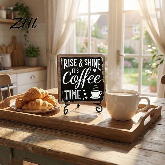Coffee Sign Wall Decor Wooden Bar with Iron Stand, Vintage Black & White Cafe Artistic Corner Art, Rustic Tabletop or Hanging Frame for Farmhouse