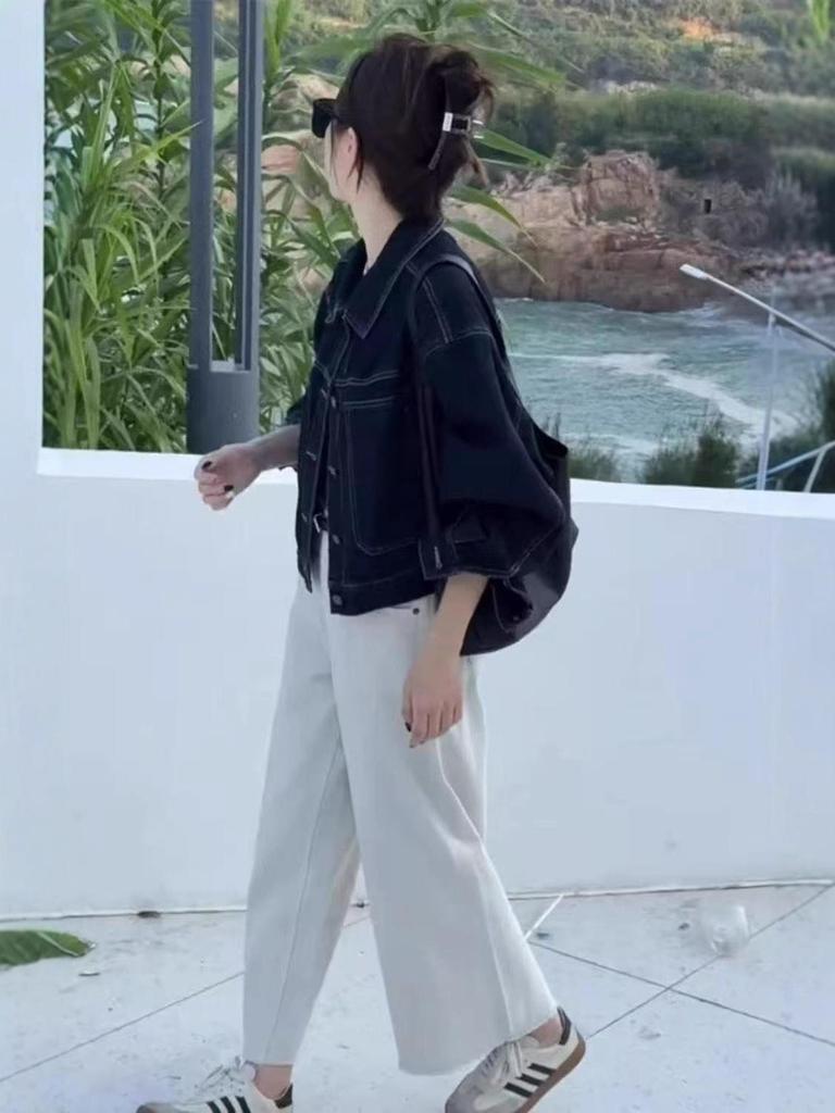 Deep Blue Short Denim Jacket for Women - Korean Style Slim Fit with Casual Pocket Design