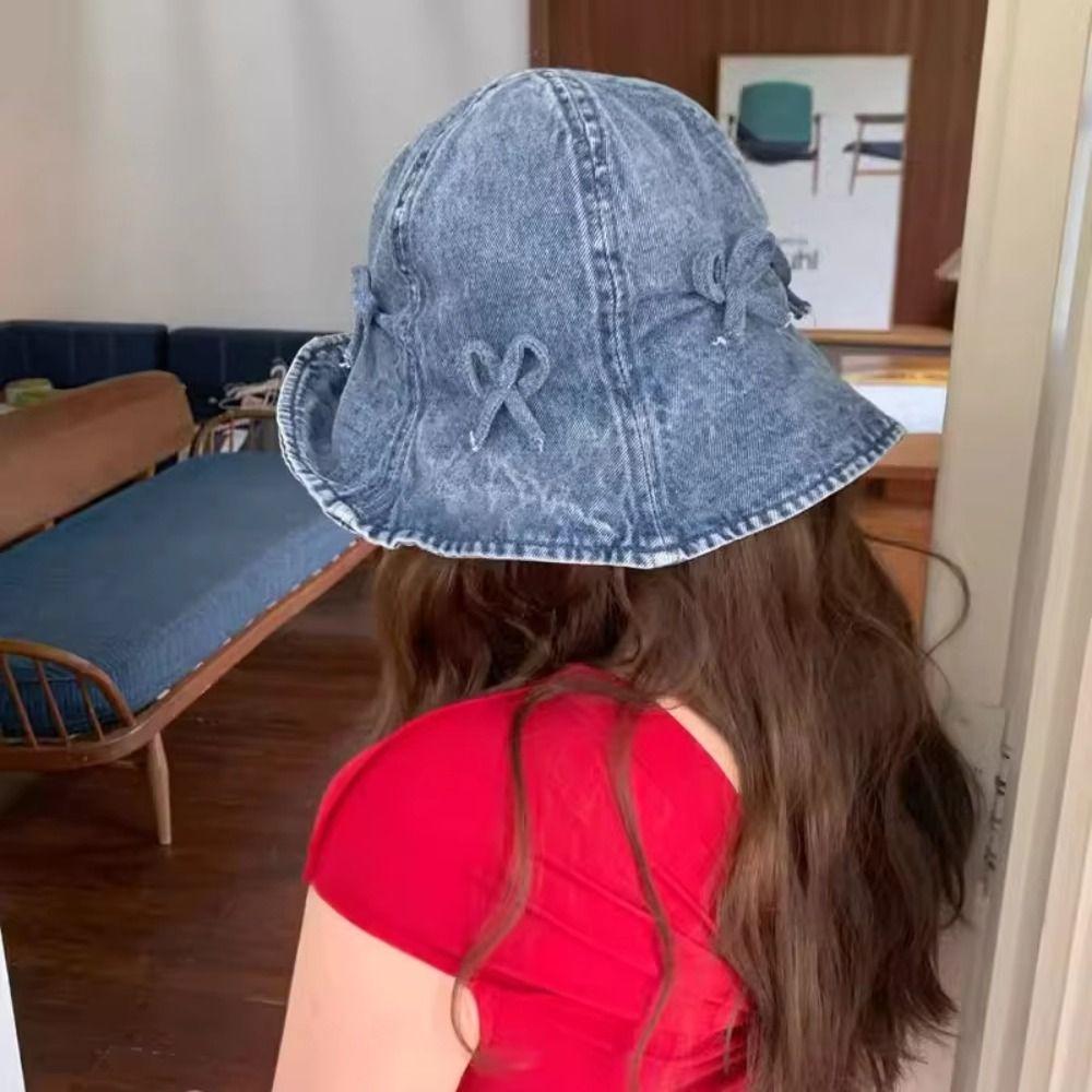 Korean Style Denim Bucket Hats Bowknot Sunscreen Hat Fashion Bow Fisherman Hat  Travel