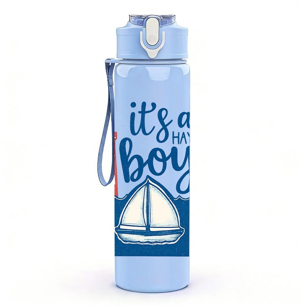 1PC It Is A Boy Lighthouse Sailboat Text 750ml Color Plastic Sports Water Bottle Leakproof Flip Straw Lid Suitable for Sports Office Home Use