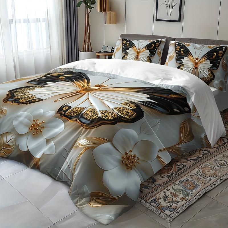 Butterfly Embossed Three-dimensional Flower Quilt Cover Set 1 Quilt Cover + 2 Pillowcases for Home and Dormitory