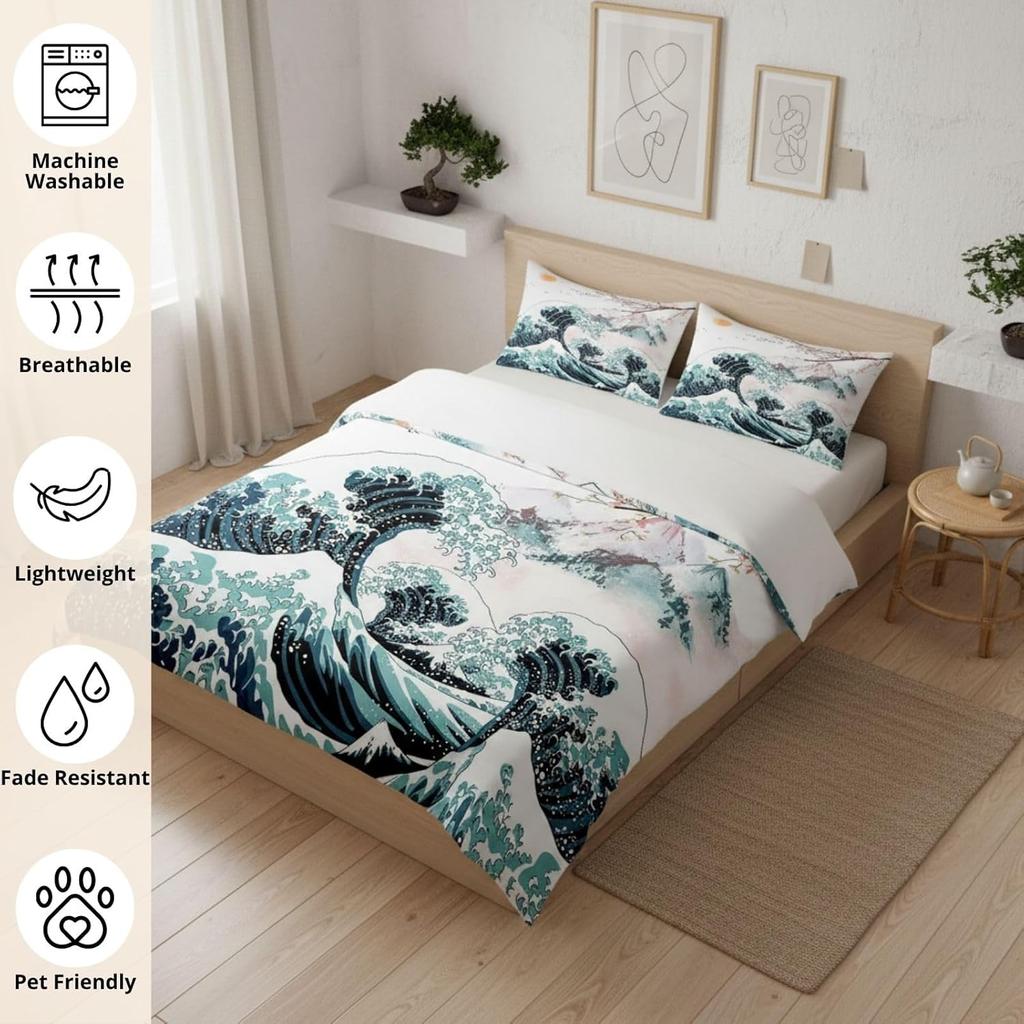 Japan Mount Fuji Duvet Cover Set Double Size Cherry Blossom Bedding Set With 2 Pillowcases Japanese Sea Waves