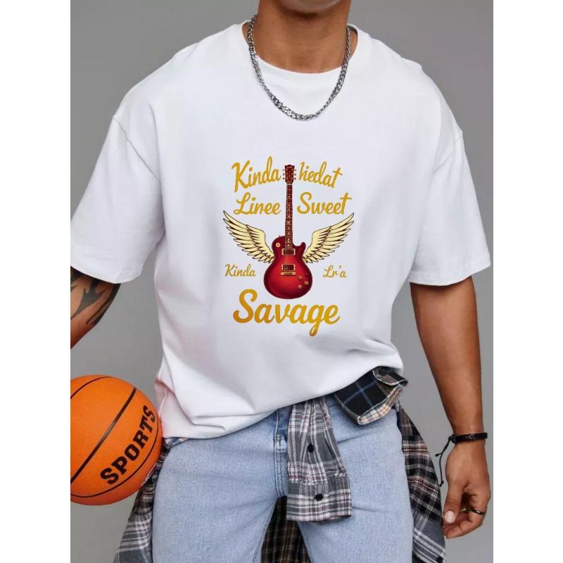White T-Shirt with Guitar and Wings Print Kinda Sweet Kinda Savage Text for Music Lovers Casual Wear