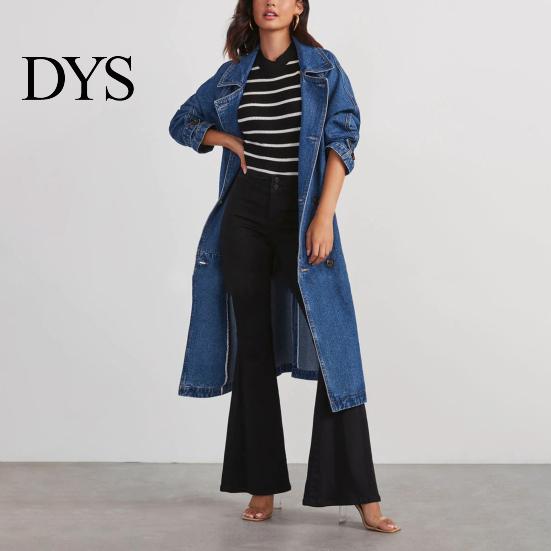 Lässige Jeansjacke Damen Zweireihig mit Seitentaschen Schnürung Taille Mittellang Stil Windjacke Länge Einfarbig Umlegekragen Überzieher
