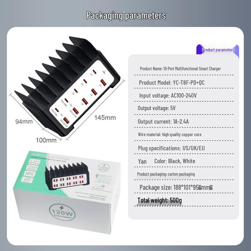 Desktop 120W Multi-Port Charger: 10-Port USB Fast Charging Station for Phone & Laptop, 5C+5A.