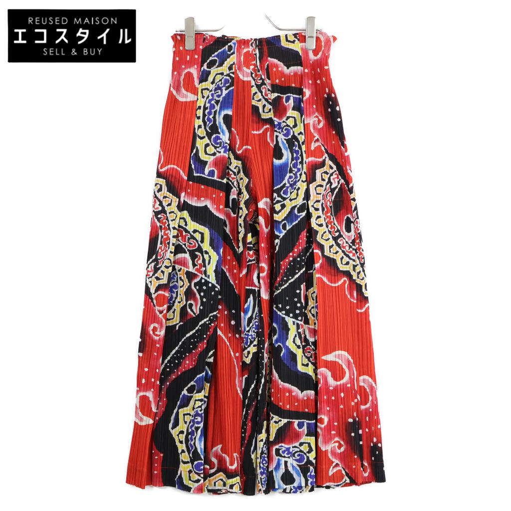 PLEATS PLEASE [Excellent Condition] PP91-JF653 Nebuta Festival Print Pleated Wide Pants Bottoms 3 Black / redUsed