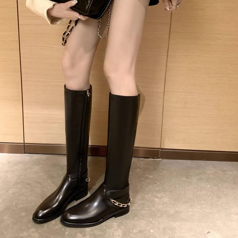 Chain Leather Coarse Heel High Boots Boots Women's Knight Boots Winter