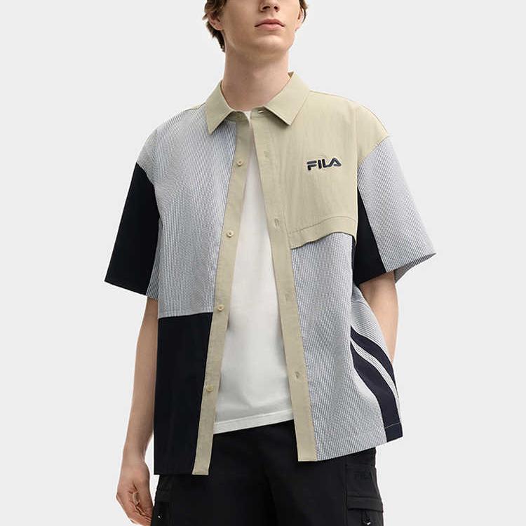 Fila Original Soft Comfortable Striped Letter Splicing Versatile Loose Short Sleeve Shirt Men Shirts Light-Khaki F11M529403F-DK