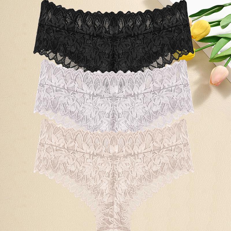 3PCS/Set Women Floral Lace Panties Sexy Perspective G-String High Waist Underpants Female Breathable Intimates Lingerie