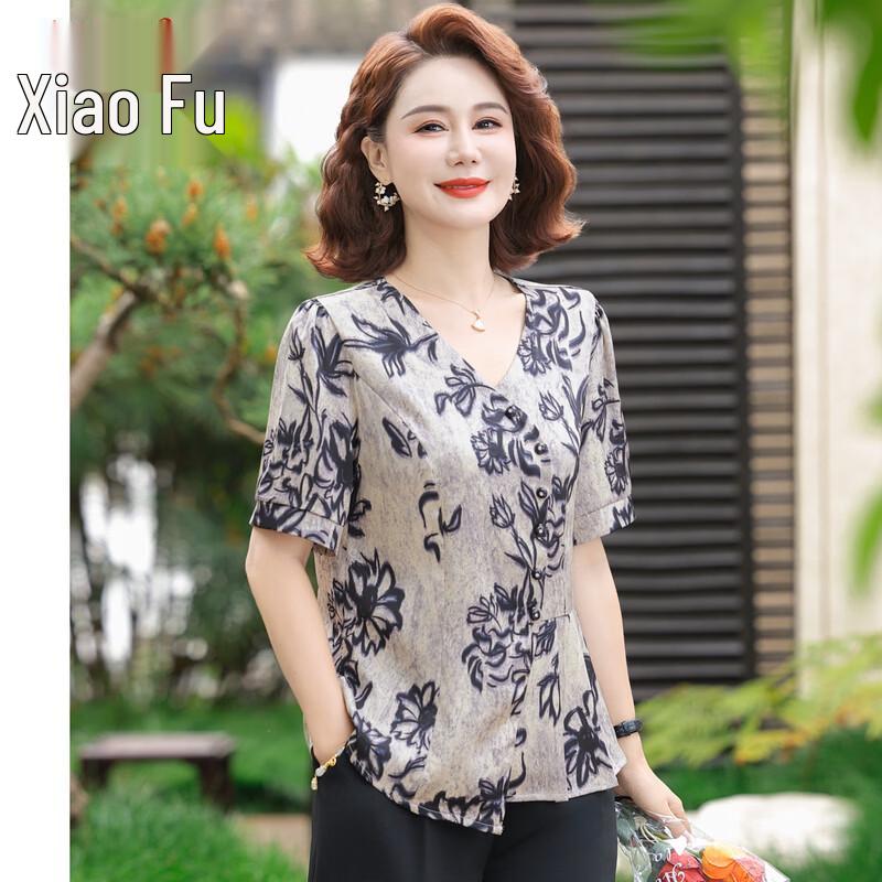 Women s Elegant Floral Print Short-Sleeve Shirt 2XL