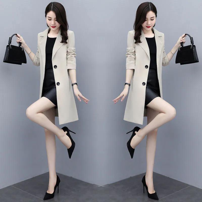 Spring Women's Khaki Lapel Double Breasted Midi Trench Coat