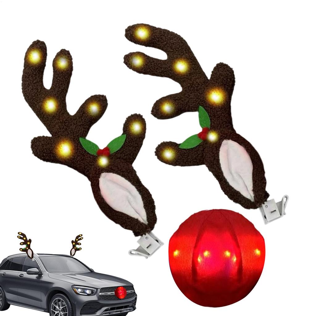 Car Reindeer Antlers Christmas Decoration Deer Ears Glowing LED Antler With Nose Automotive Exterior Window Roof Top Decor