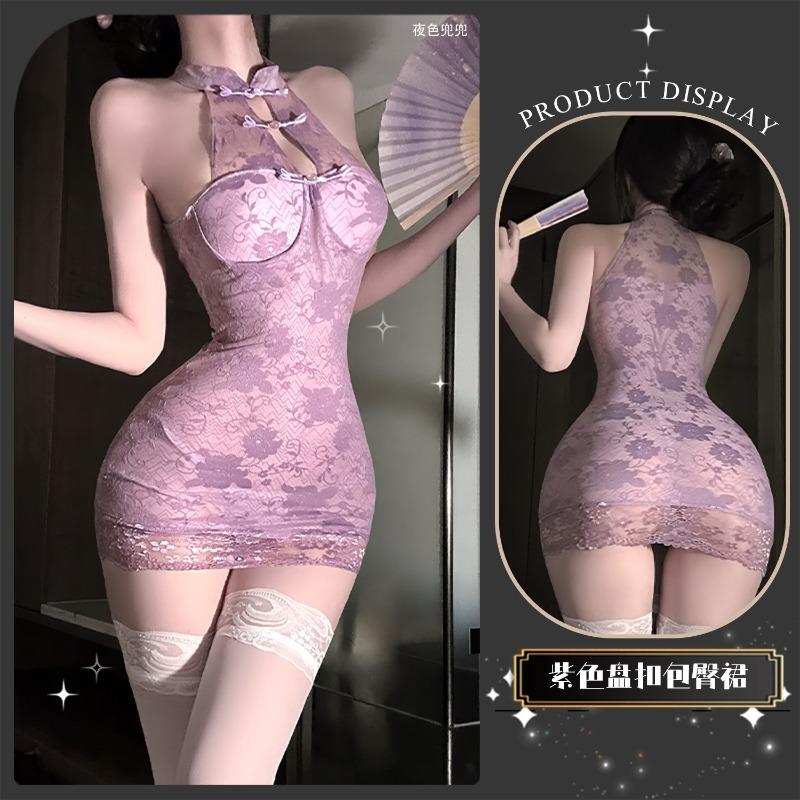 Erotic Lingerie New Neck Pan Lace Cheongsam Perspective Temptation Hip Skirt Sexy Pure Desire