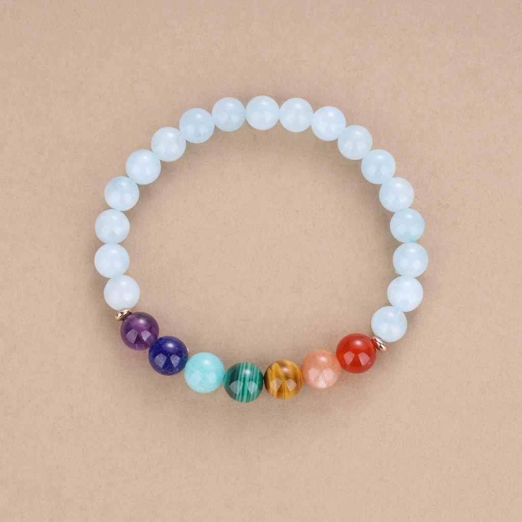 8mm March Chakra Good Luck Amulet Power Stone Bracelet for Men and Women [Koai] Aquamarine, Birthstone, Seven-Color Purification, Protection,