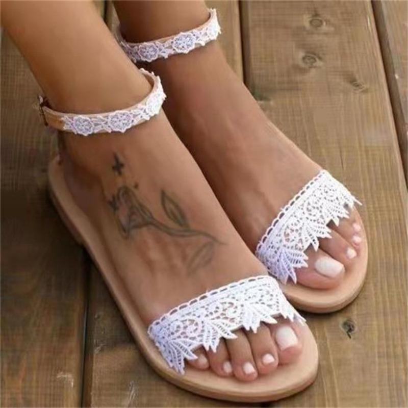 Summer New Women's Flat-heeled Sandals Lace Flower Word with Flat-toed Women's Shoes