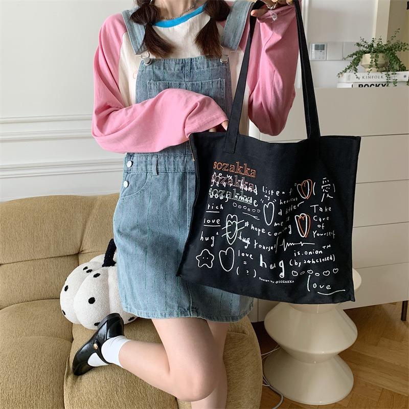 3 Canvas Bags Women's Versatile Large-capacity Embroidery Printed Handheld Shoulder Bags Student Class Bags
