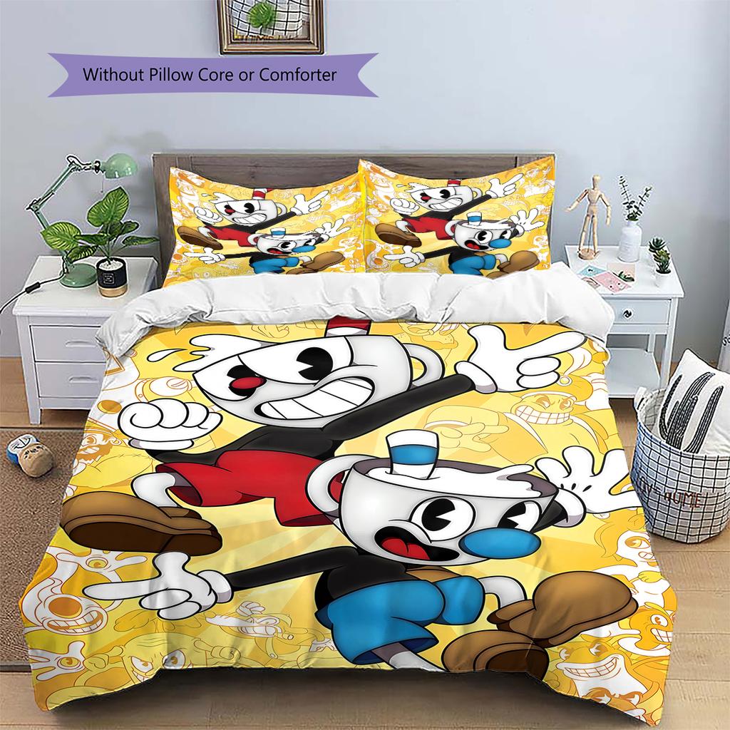 Cuphead Cute Cartoon Pattern Bedding,Quilt Set Quilt Cover Pillowcase Home Birthday Gift (1 * Duvet Cover + 2 * Pillowcase, Without Core)