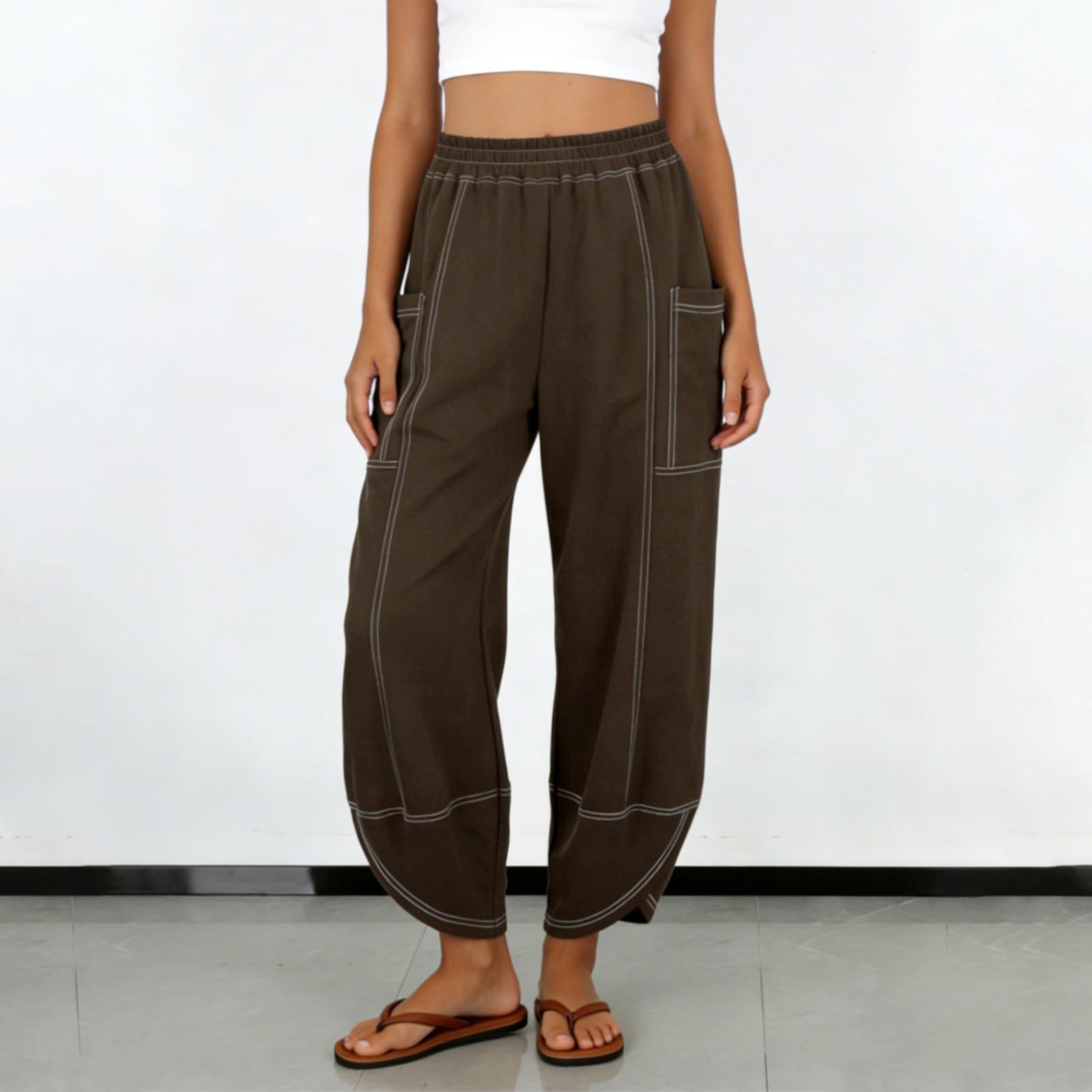 

Women s Casual And Fashionable Color Loose Pants With Pocketes L кофейный