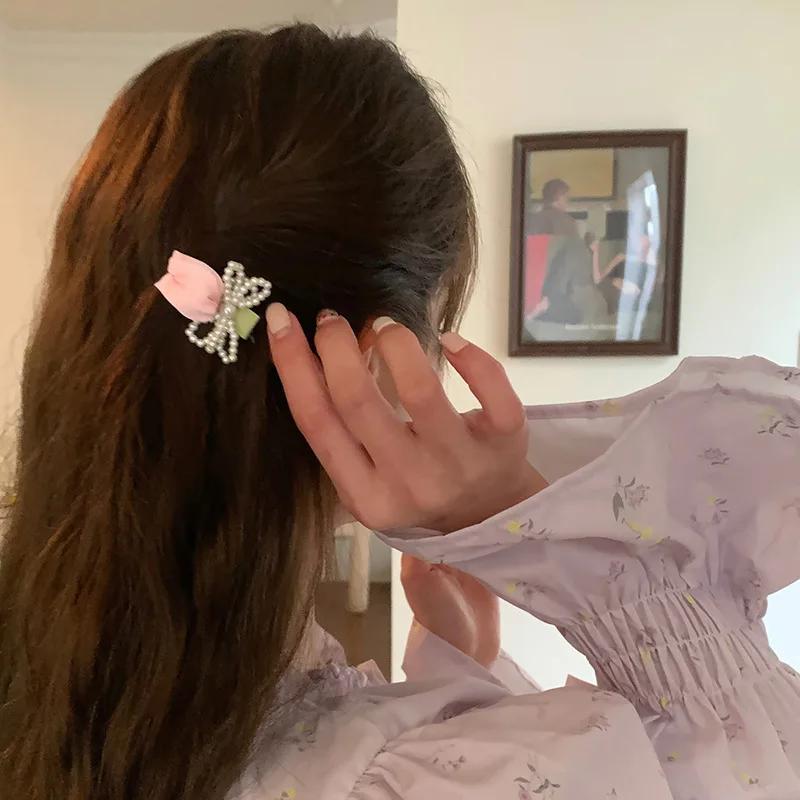 New Korean Sweet Pink Tulip Flower Clip Women Bow Duckbill High-end Fabric Elegant Girl's Headwear Hair Accessories