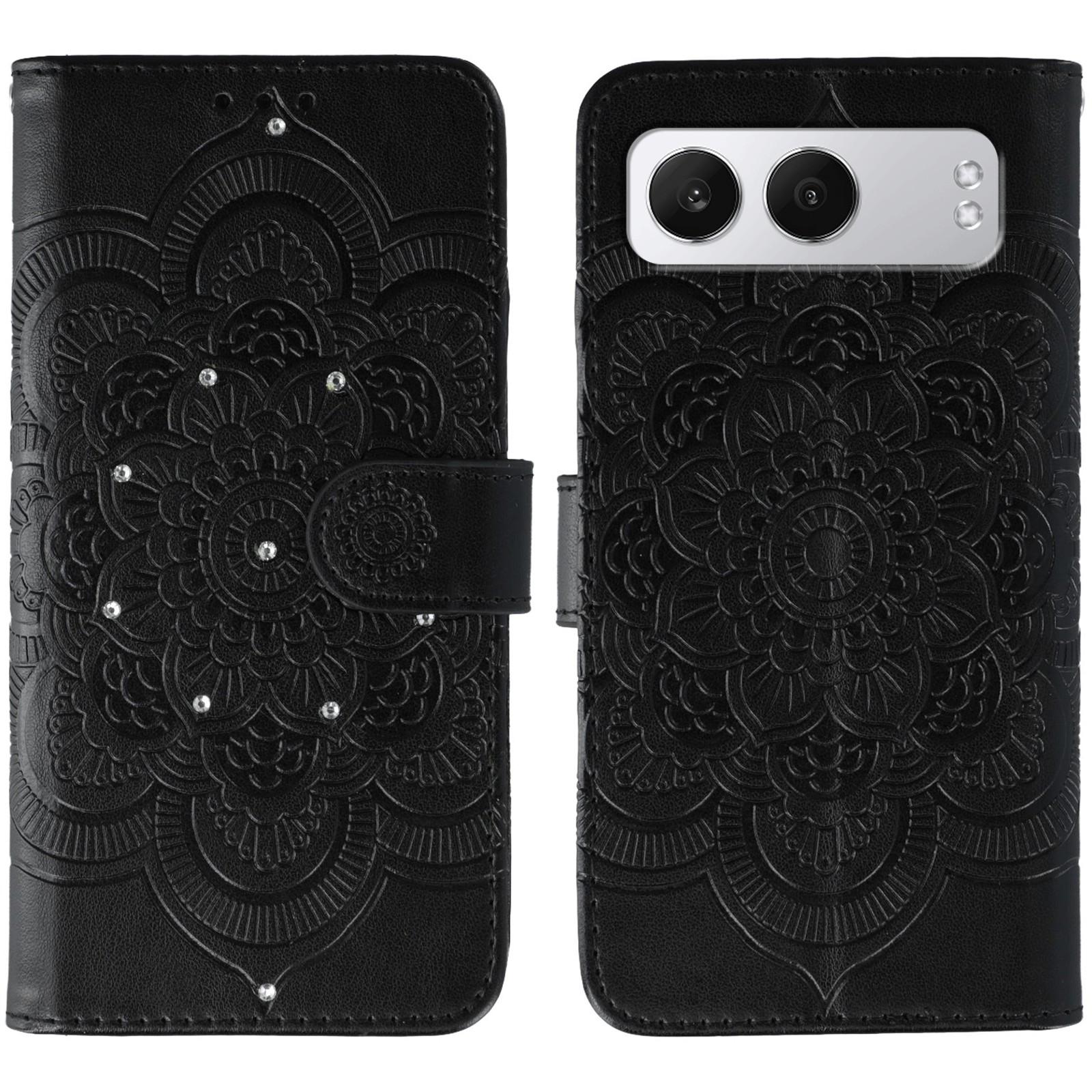 

For OnePlus Nord 4 Case Rhinestone Decor PU Leather Mandala Imprinted Design Phone Cover with Wrist Strap Black