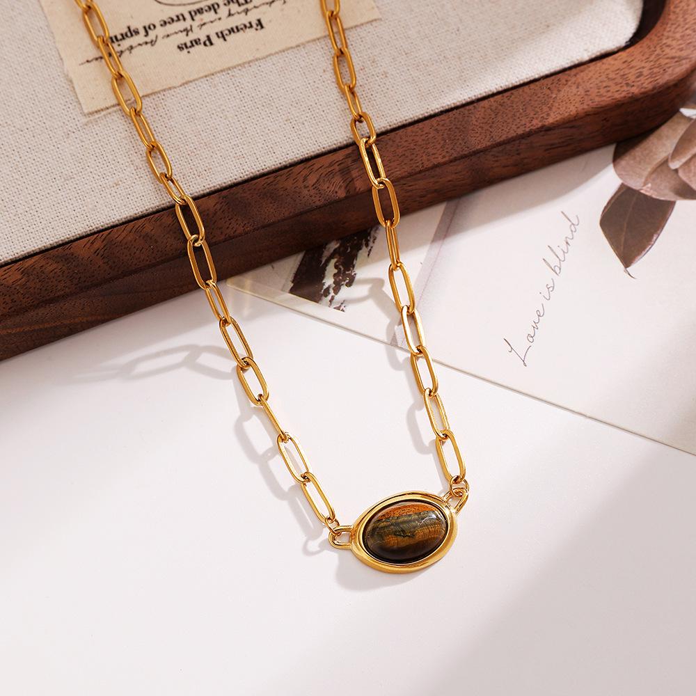 Ying Tai 18K Gold Plated Necklace with Tiger Eye Pendant: Stainless Steel Clavicle Chain, High Polish Finish, Women's High-End Style.
