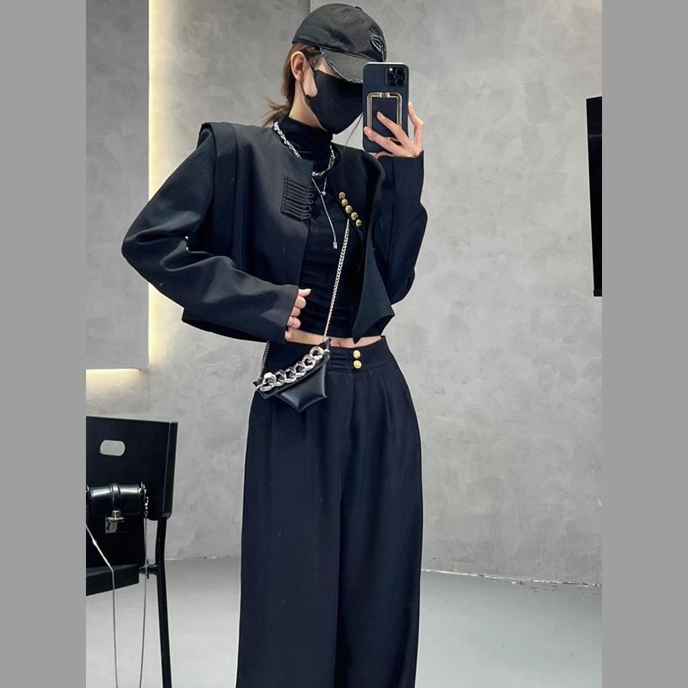 Dámský čínský retro dvoudílný set: Pánská bunda s dlouhým rukávem a kalhoty s vysokým pasem